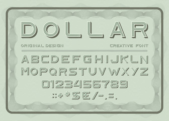 Obraz premium Money font, dollar latin alphabet, numbers and punctuation sans serif in vintage style. Abc uppercase letters on green bill note background typeface signs and typography characters Vector illustration