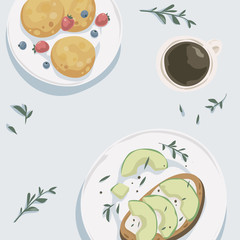 Breakfast top view. Cup of coffee, pancakes with fresh berries, toast with avocado slice.