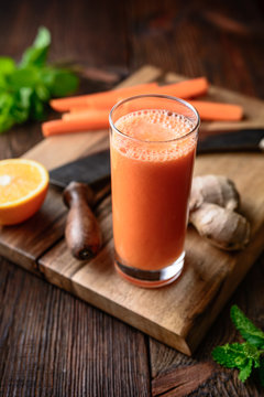 Immunity Boosting Drink For Breakfast, Freshly Made Nutritious Carrot, Orange And Ginger Juice