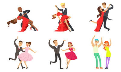 Dancing Couples Set, Professional Dancers Performing Classical Dances Vector Illustration