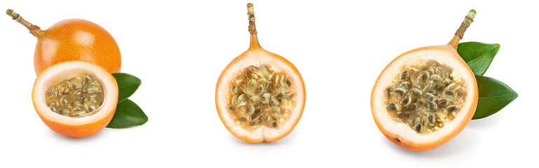 Granadilla or yellow passion fruit with leaf isolated on white background. Set or collection
