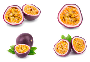 Set or collection whole passion fruits and a half with leaves isolated on white background. Isolated maracuya