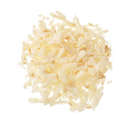 Parsnip root grated isolated on white background closeup. Top view. Flat lay