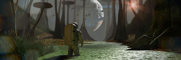 astronaut exploring exoplanet landscape, mission on alien planet  © dottedyeti
