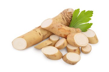Horseradish root with slices and parsley isolated on white background