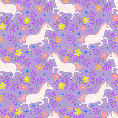 Seamless pattern with cartoon style horse unicorn and flowers.