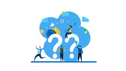 FAQ and QnA.people asking to online support center with Tiny People Character Concept Vector Illustration, Suitable For web landing page,Wallpaper, Background, Card, banner,Book Illustration
