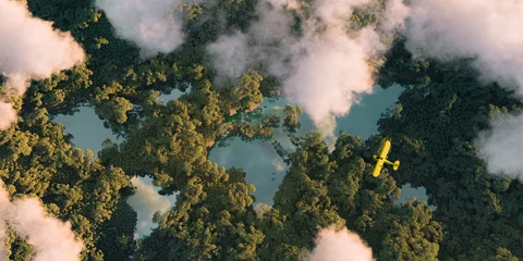 Nachhaltiges Lebensraumweltkonzept. Fernsicht auf eine dichte Regenwaldvegetation mit Seen in Form von Weltkontinenten, Wolken und einem kleinen gelben Flugzeug. 3D-Rendering. © malp