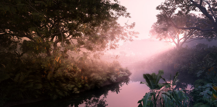Fantasy evening sunset in jungle paradise. Dense rainforest vegetation, calm pond in misty volumetric light. 3d rendering.