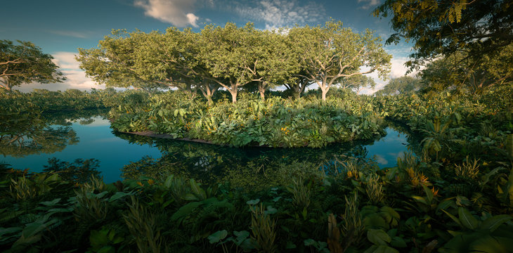 Fantasy rainforest isle in the middle of jungle pond. 3d rendering landscape image.