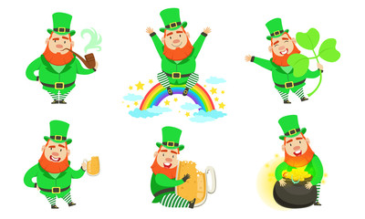 Smiling Leprechauns Set, St Patricks Day Cartoon Character in Different Situations Vector Illustration