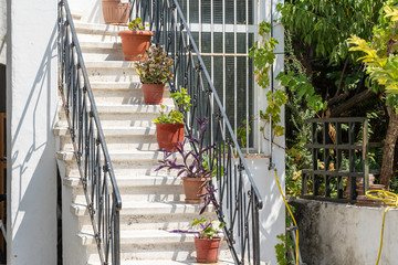 Stone steps with flower pots against white walls in the street courtyard next to the house. Kos island, Greece