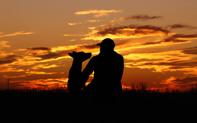 Fototapeta na wymiar A man and a dog against the background of an incredible sunset, a beautiful sunset, a man and a Belgian shepherd dog Malinois admire the sunset, look into the distance, sit together