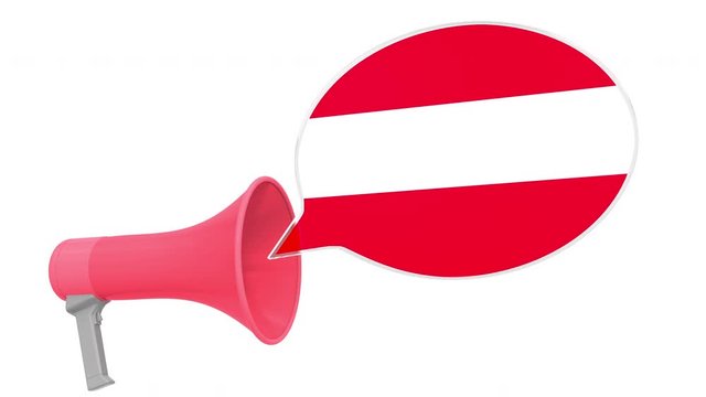 Megaphone and flag of Austria on the speech balloon. Language or national statement related conceptual 3D animation