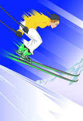Poster for ski resort in Switzerland. Cartoon style girl character in mountain. Vector illustration.