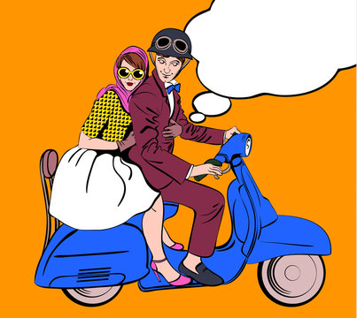 Boy and girl on a moped in vintage style. Vector illustration.