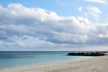 Grand Bahama beach background. Horizon with sky and sea. Seaside view