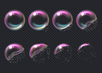 Burst bubbles. Key frames of transparent deformed bubbles aqua sphere shiny liquid drops vector realistic. Air transparent soap bubble, multicolored process animation illustration