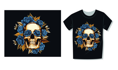 Aesthetic T-shirt Print Metal skull with floral golden roses wreath, Day of the Dead Dia De Muertos Day vector illustration in Spanish for celebration concept poster banner design