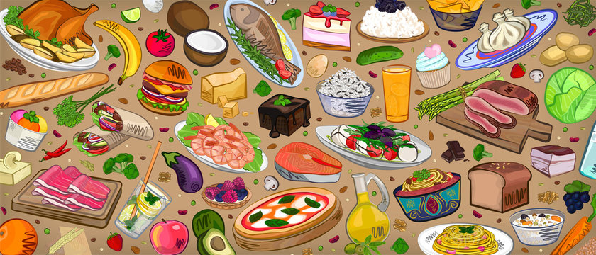 Set of food on background, different kitchen,  illustration vector