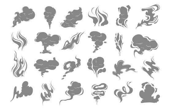 Smoke clouds silhouettes. Vector vapour icons set. Steam illustration. Steam and vapour, smoke and gas smell cloud