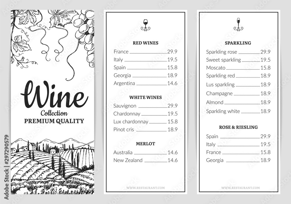 Wall mural wine menu. wine card template. vector grape sketch, drink menu template. illustration wine menu rest