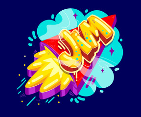 Jim name graffiti style on the rocket start. Vector color boys illustation