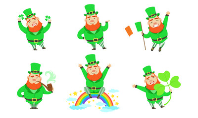 Smiling Leprechauns Set, Funny St Patricks Day Cartoon Character in Different Situations Vector Illustration