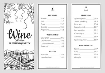 Wine menu. Wine card template. Vector grape sketch, drink menu template. Illustration wine menu restaurant, vintage sketch drawn poster