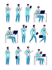 Doctor male. Healthcare medical person at work manager man vector characters in action poses. Doctor man, medical profession male illustration