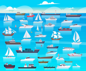 Ship in sea. Sailing boats and passenger cruise ship travel in ocean cargo submarine and yacht vector background cartoon. Transport boat and tanker, shipping transportation raid sea illustration