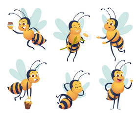 Cartoon bee. Happy flying insect mascot bee nature honey delivers vector characters isolated. Mascot insect with honey, animal flying delivery illustration