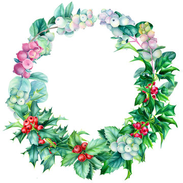 Christmas wreath of Holly branch and snowberries on an isolated white background. Watercolor illustration. Christmas greeting card. 