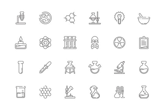 Science icons. Chemistry test tubes beakers biology lab chemical equipment toxic objects vector set. Medical scientific lab icon for research and experiment illustration