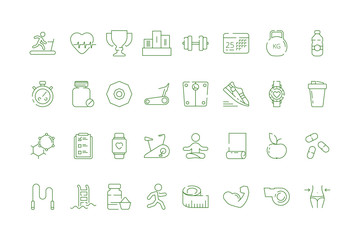 Sport icons. Fitness industry symbols healthy education gym items balls exercises tools vector collection. Illustration healthy sport exercise, training and workout