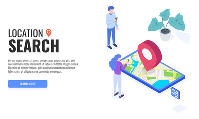 People are searching for locations through navigation apps. Web banner. Isometric vector illustration.