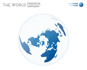 Abstract world map. Wiechel projection of the world. Blue shades colored polygons. Awesome vector illustration.