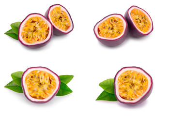 Set or collection whole passion fruits and a half with leaves isolated on white background. Isolated maracuya
