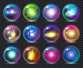 Magic balls. Magician nature effect in crystal transparent globe spheres with flame frozy flashes vector realistic template. Magic realistic decoration ball, energy glass sphere illustration