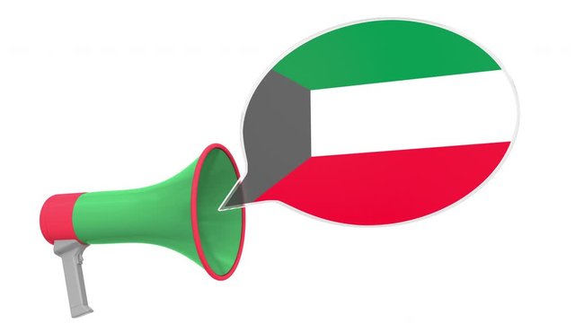 Loudspeaker and flag of Kuwait on the speech bubble. Language or national statement related conceptual 3D animation