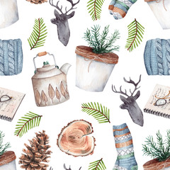 Hygge seamless watercolor pattern with home decoration. Scandinavian style