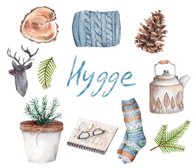 Hygge set of isolated watercolor illustrations with home decoration. Scandinavian style