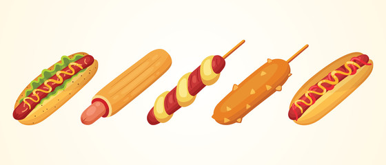 Hot dog set of vector illustrations. Collections of different ast food hotdogs.