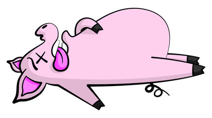 Cartoon style illustration of a cute, dead pig character lying flat on its back with its mouth open and tongue hanging out.