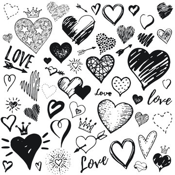 Heart icon set, hand drawn doodle sketch style. Handdrawn illustration by brush, pen, ink. Cute crown, arrow, stars symbols. Vector drawing for Valentine day design, logo, card, print, textil more
