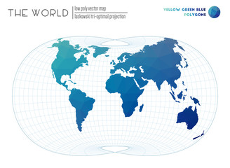 Abstract geometric world map. Laskowski tri-optimal projection of the world. Yellow, Green, Blue colored polygons. Neat vector illustration.