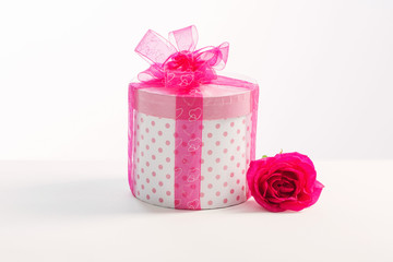 gift box with pink roses on white background