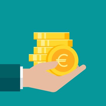 Hand with gold euro coins stack. Vector flat illustration on blue. Give, receive, take, earn money.