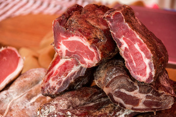 Dried Meat Slices. Jerked beef.  Traditional dish of Spain, home made.