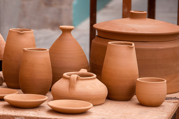 Fototapeta na wymiar Ceramic raw pottery, clay, ceramics art concept . Ancient traditional spanish pottery.